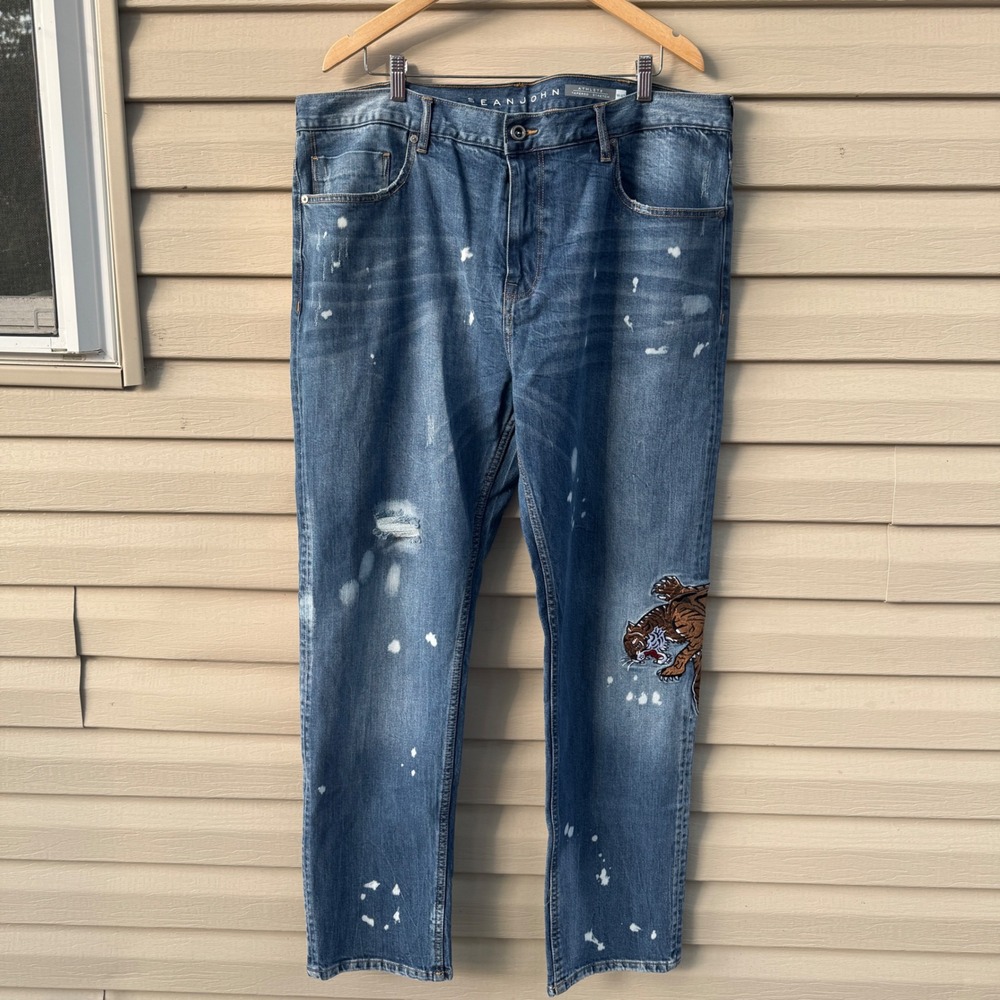 Sean John Mens 40 Tapered Stretch Jeans Tiger Embroidery Paint Splatter